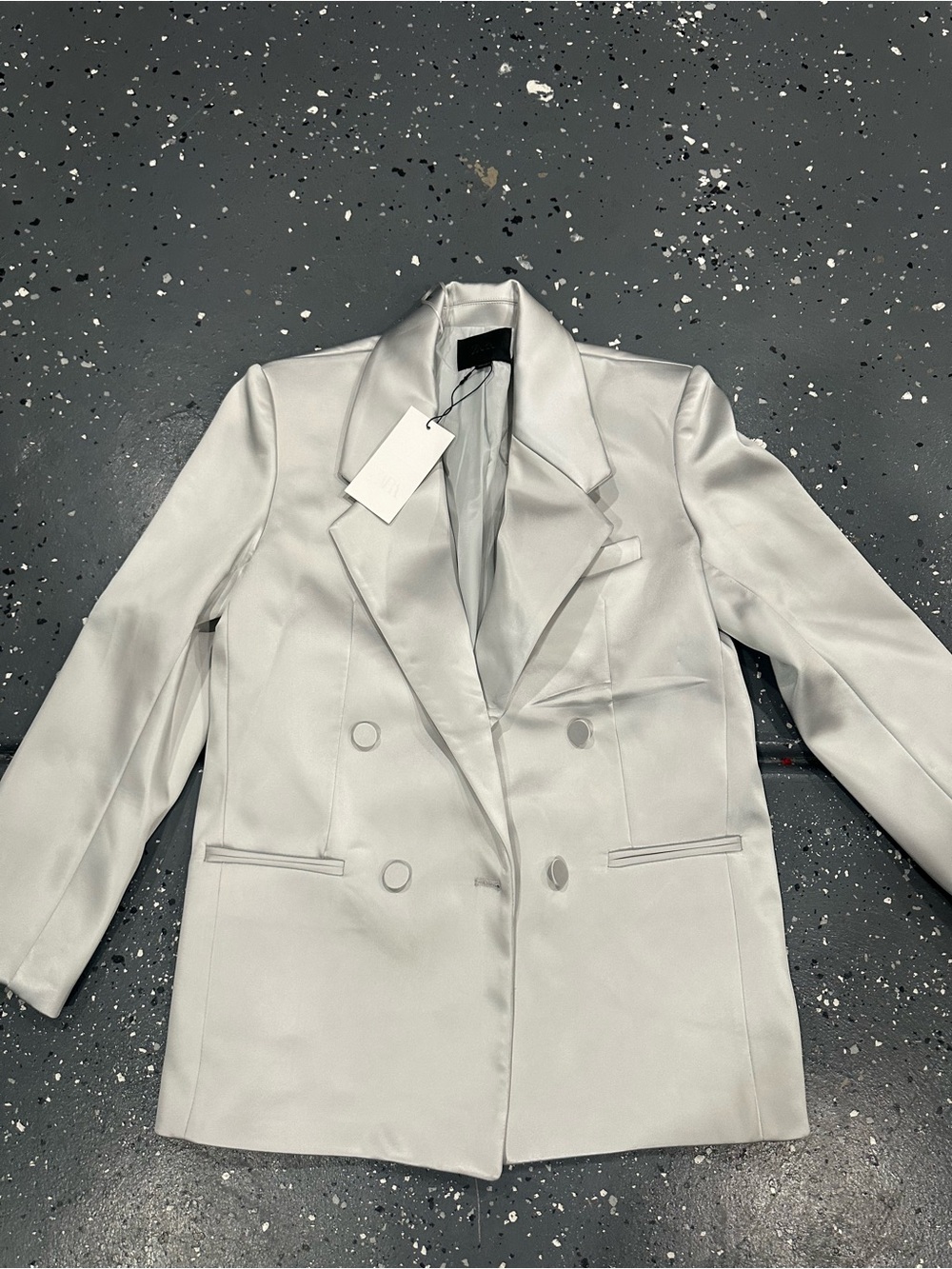Zara Light Silver Double-Breasted Satin Blazer